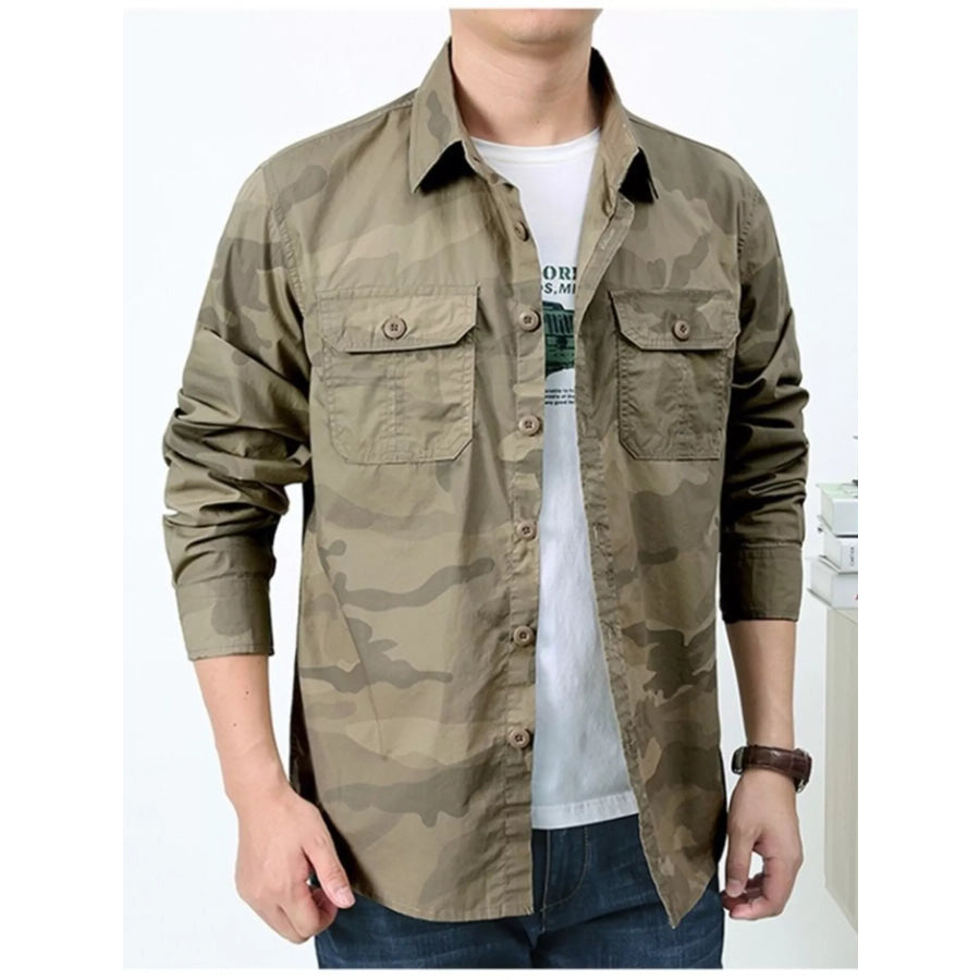 Men’s Plus Size Camouflage Print Long Sleeve Shirt Khakis / M Apparel and Accessories