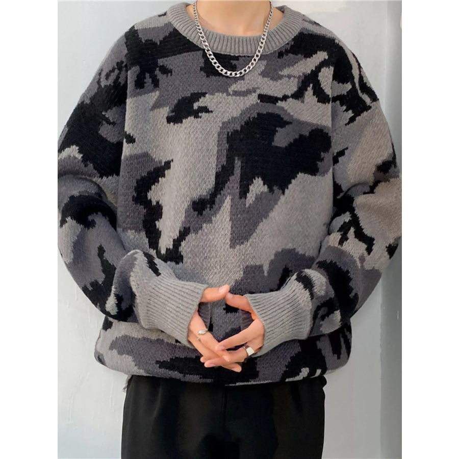 Men’s Plus Size Camouflage Round Neck Sweater Gray / M Apparel and Accessories