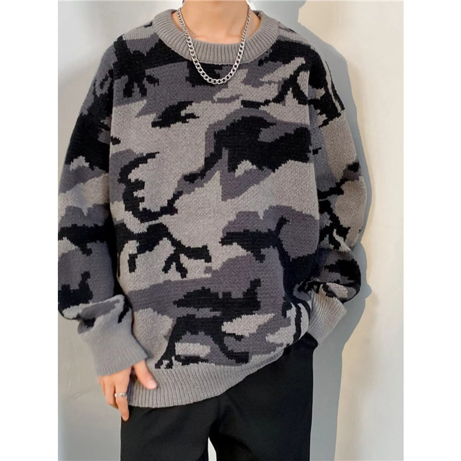 Men’s Plus Size Camouflage Round Neck Sweater Gray / M Apparel and Accessories