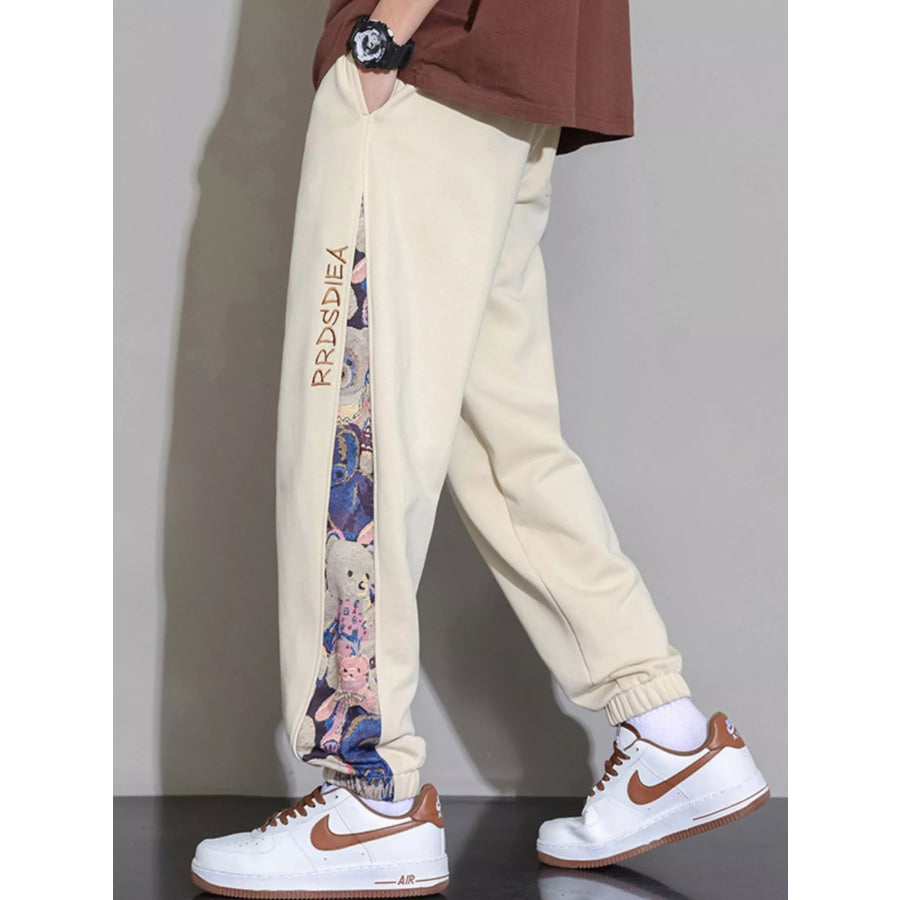 Men’s Plus Size Casual Bear Print Side Panel Sweatpants Tan / M Apparel and Accessories