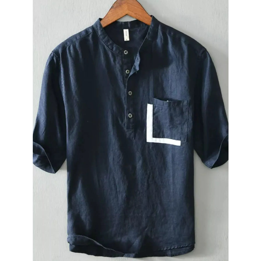 Men’s Plus Size Casual Button Detail Shirt with Pocket Navy Blue / M Apparel and Accessories