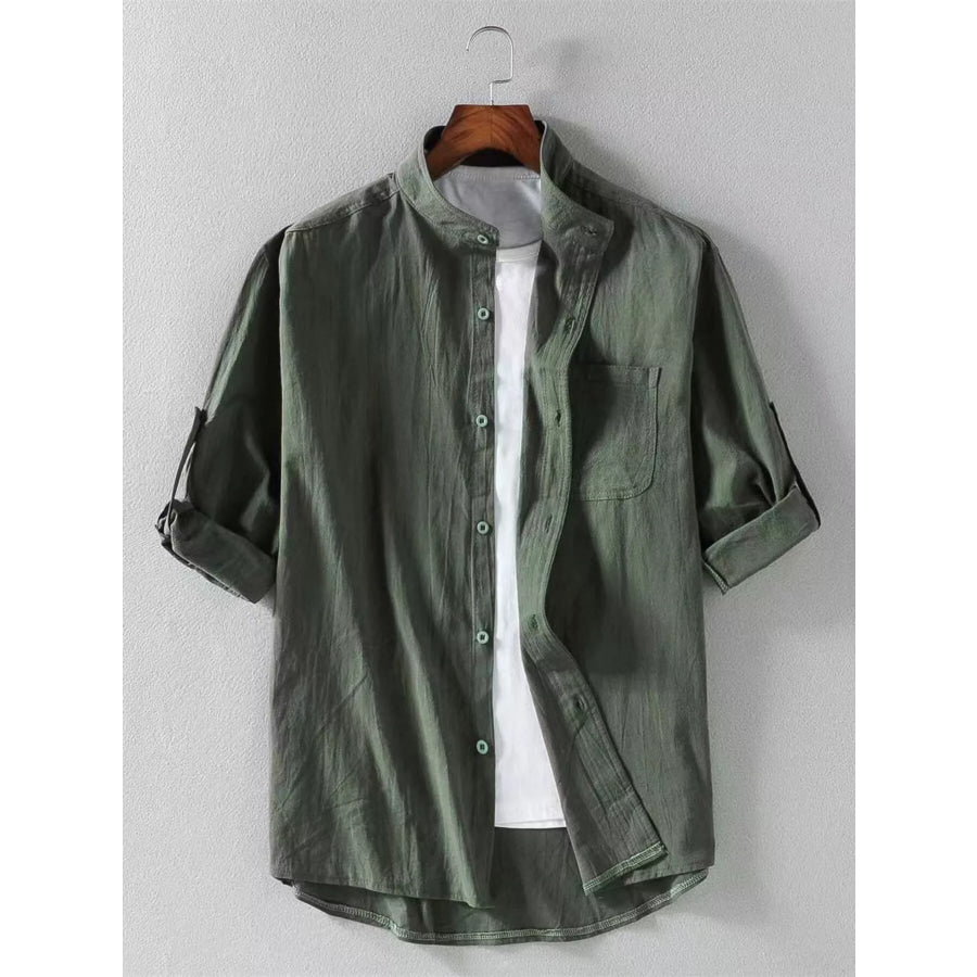 Men’s Plus Size Casual Button Up Long Sleeve Shirt Army Green / M Apparel and Accessories