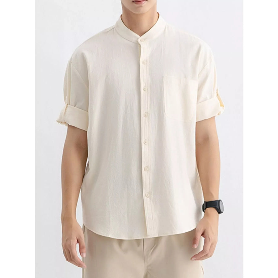 Men’s Plus Size Casual Button Up Roll Up Sleeve Shirt Apricot / M Apparel and Accessories