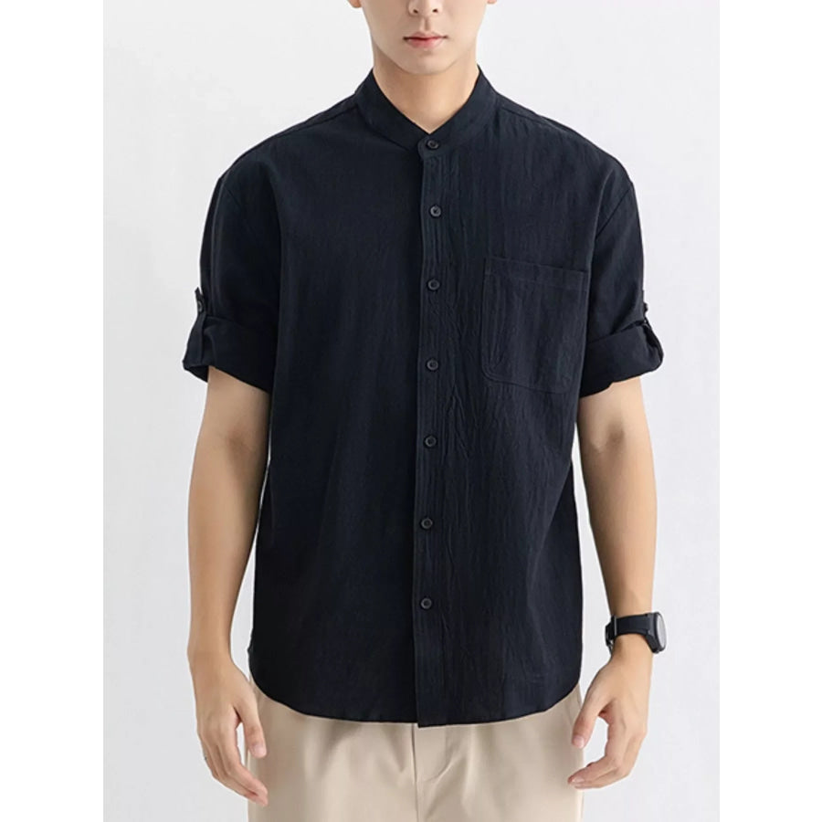 Men’s Plus Size Casual Button Up Roll Up Sleeve Shirt Black / M Apparel and Accessories