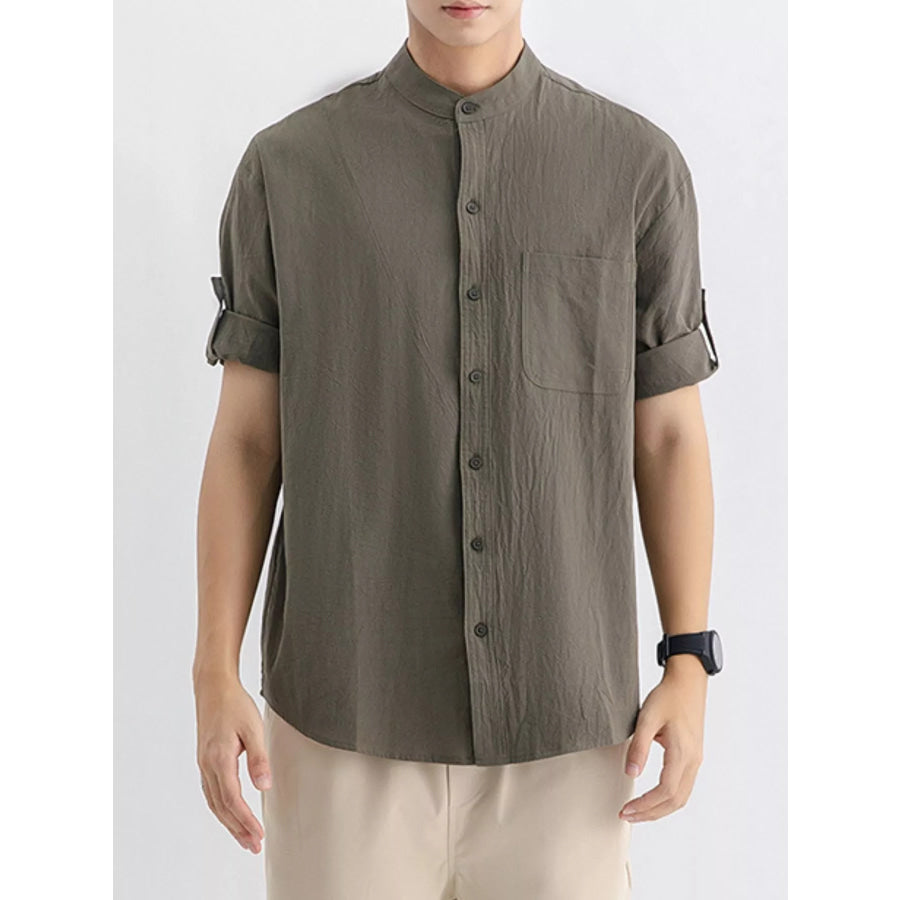 Men’s Plus Size Casual Button Up Roll Up Sleeve Shirt Dark Green / M Apparel and Accessories