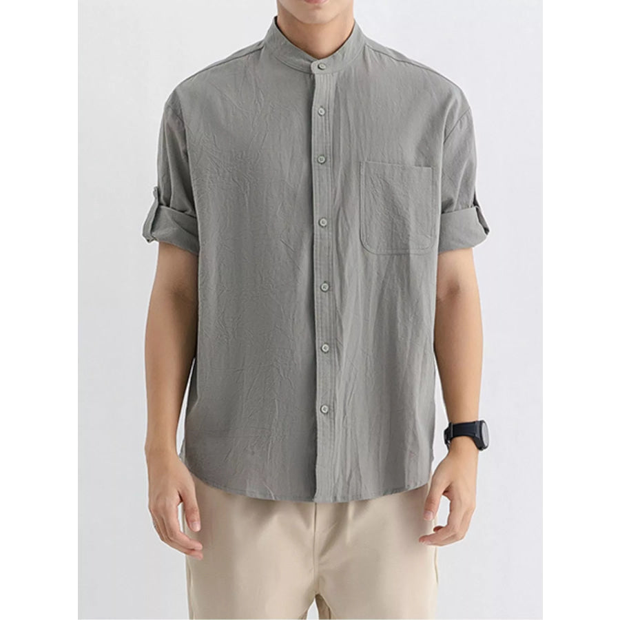 Men’s Plus Size Casual Button Up Roll Up Sleeve Shirt Gray Green / M Apparel and Accessories