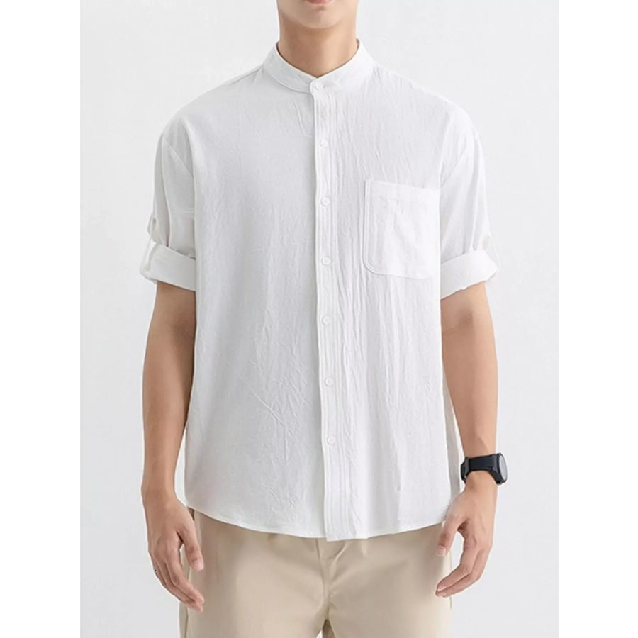 Men’s Plus Size Casual Button Up Roll Up Sleeve Shirt White / M Apparel and Accessories