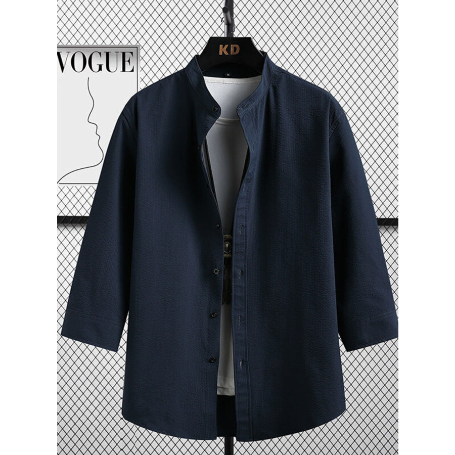Men’s Plus Size Casual Button Up Three-Quarter Sleeve Shirt Navy Blue / M Apparel and Accessories