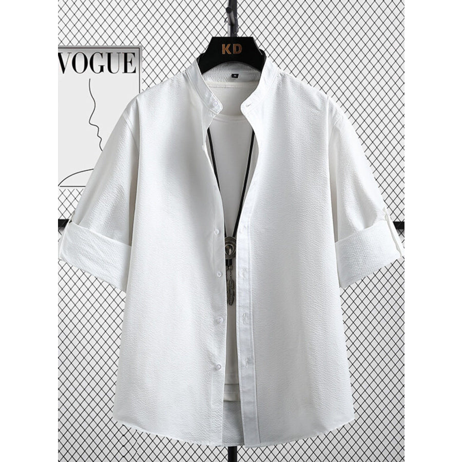 Men’s Plus Size Casual Button Up Three-Quarter Sleeve Shirt White / M Apparel and Accessories