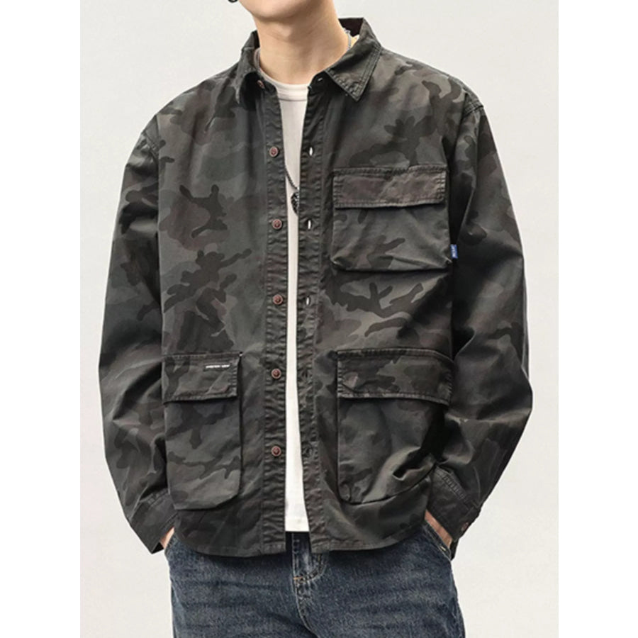 Men’s Plus Size Casual Camouflage Cargo Shirt Deep Army Green / M Apparel and Accessories