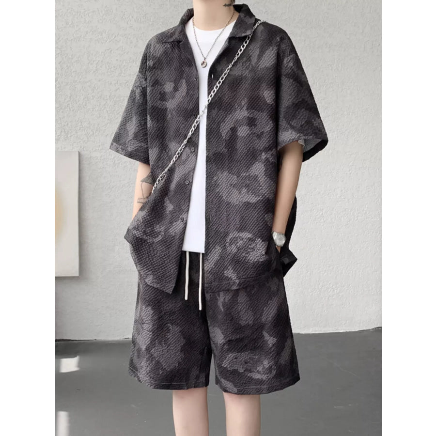 Men’s Plus Size Casual Camouflage Print Shirt & Shorts Set Dark Gray / M Apparel and Accessories
