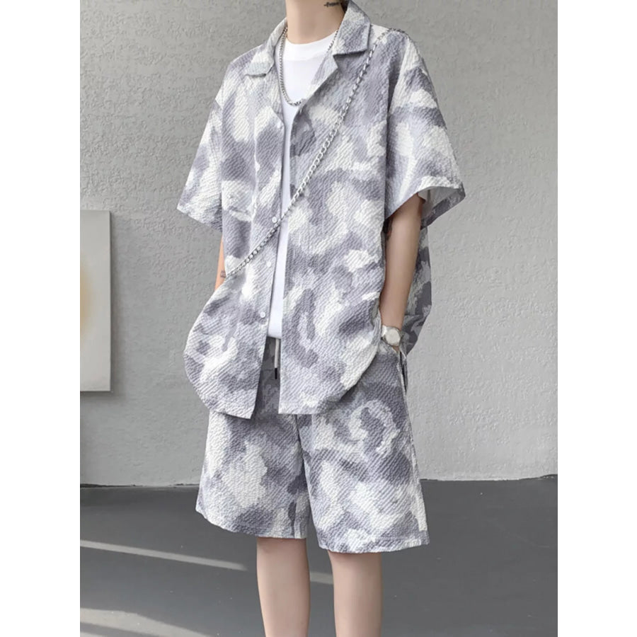 Men’s Plus Size Casual Camouflage Print Shirt & Shorts Set Off White / M Apparel and Accessories