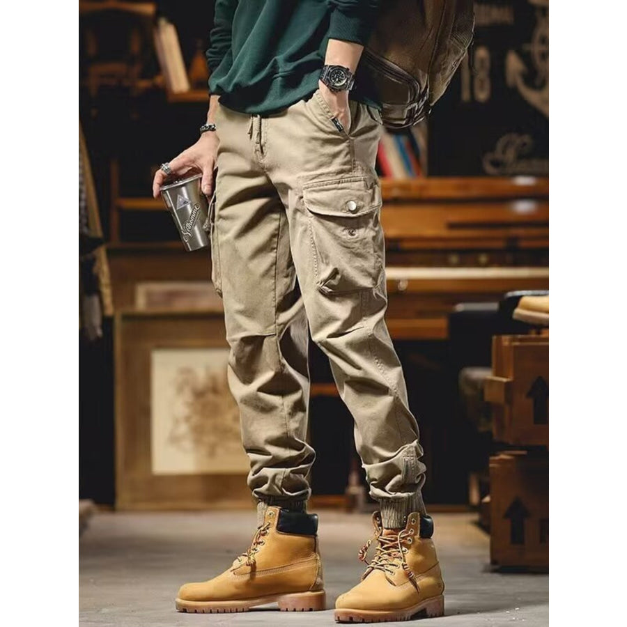 Men’s Plus Size Casual Cargo Pants with Elastic Cuff Khaki / M Apparel and Accessories