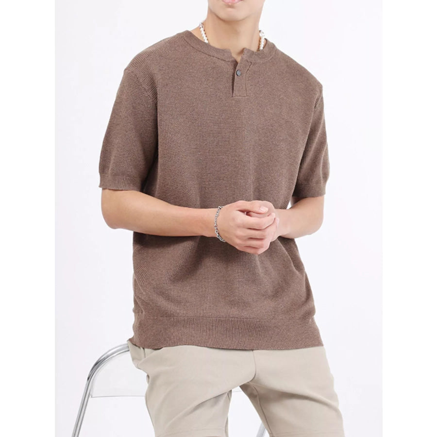Men’s Plus Size Casual Knitted Henley T-Shirt Flower Brown / M Apparel and Accessories