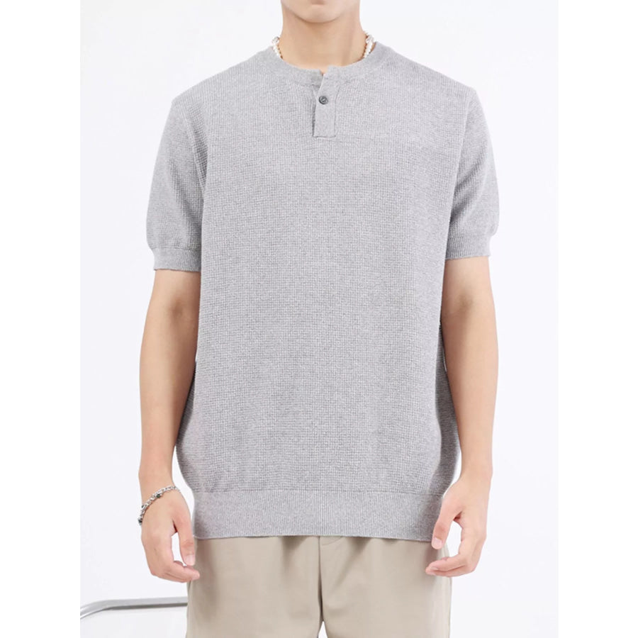 Men’s Plus Size Casual Knitted Henley T-Shirt Flower Gray / M Apparel and Accessories