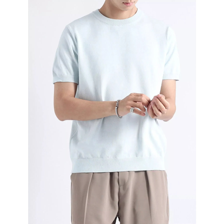 Men’s Plus Size Casual Knitted Short Sleeve T-Shirt Flower Blue / M Apparel and Accessories