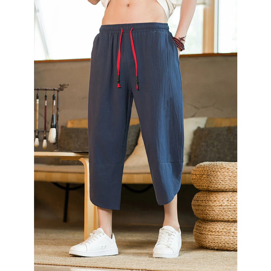 Men’s Plus Size Casual Linen Cropped Pants with Drawstring Apparel and Accessories