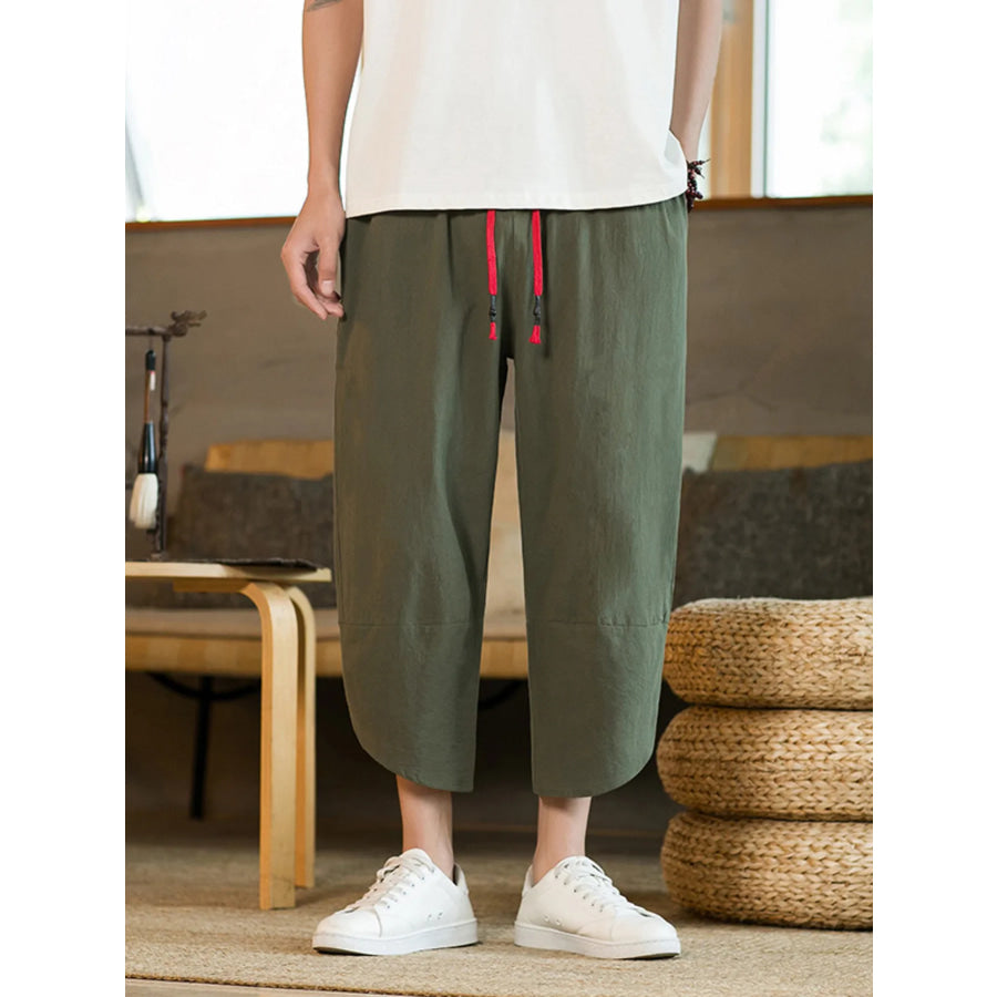 Men’s Plus Size Casual Linen Cropped Pants with Drawstring Army Green / M Apparel and Accessories
