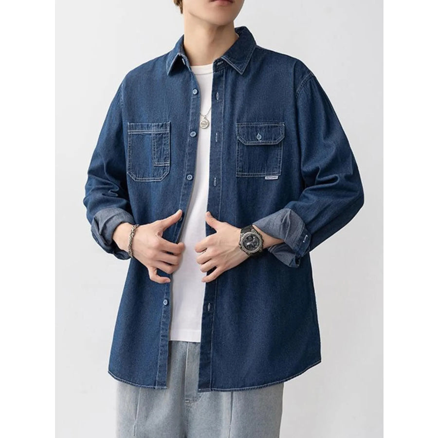 Men’s Plus Size Casual Long Sleeve Denim Shirt Dark Blue / M Apparel and Accessories