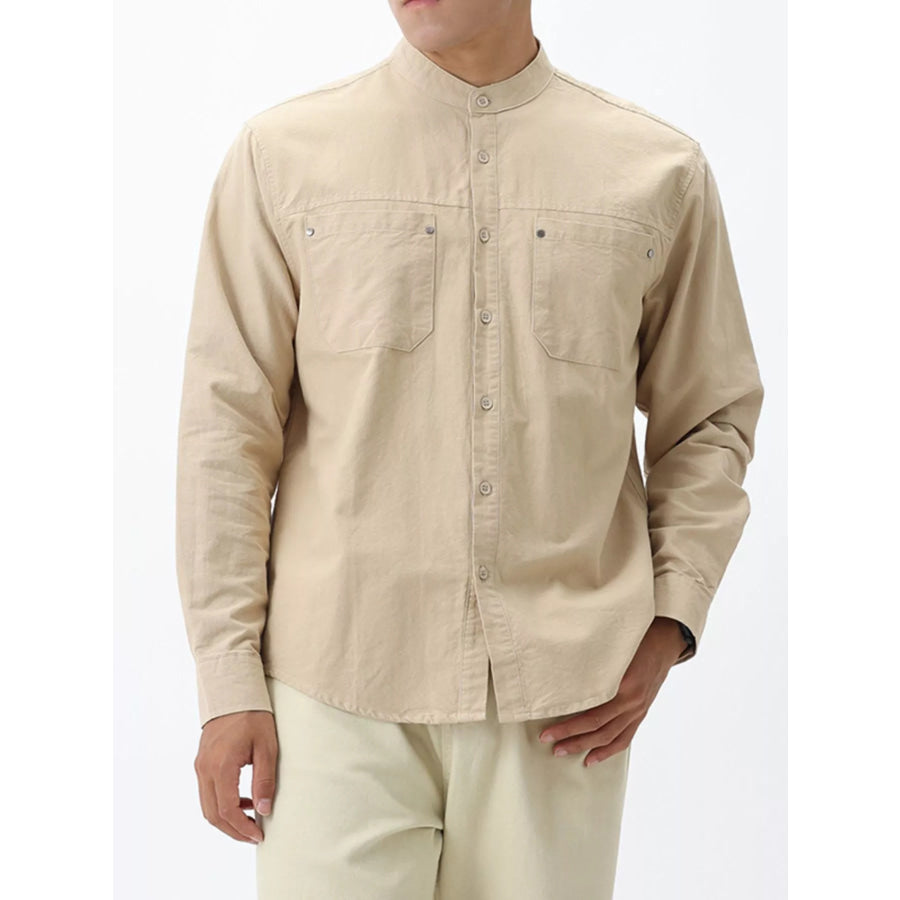 Men’s Plus Size Casual Long Sleeve Shirt with Double Chest Pockets Apricot / M Apparel and Accessories