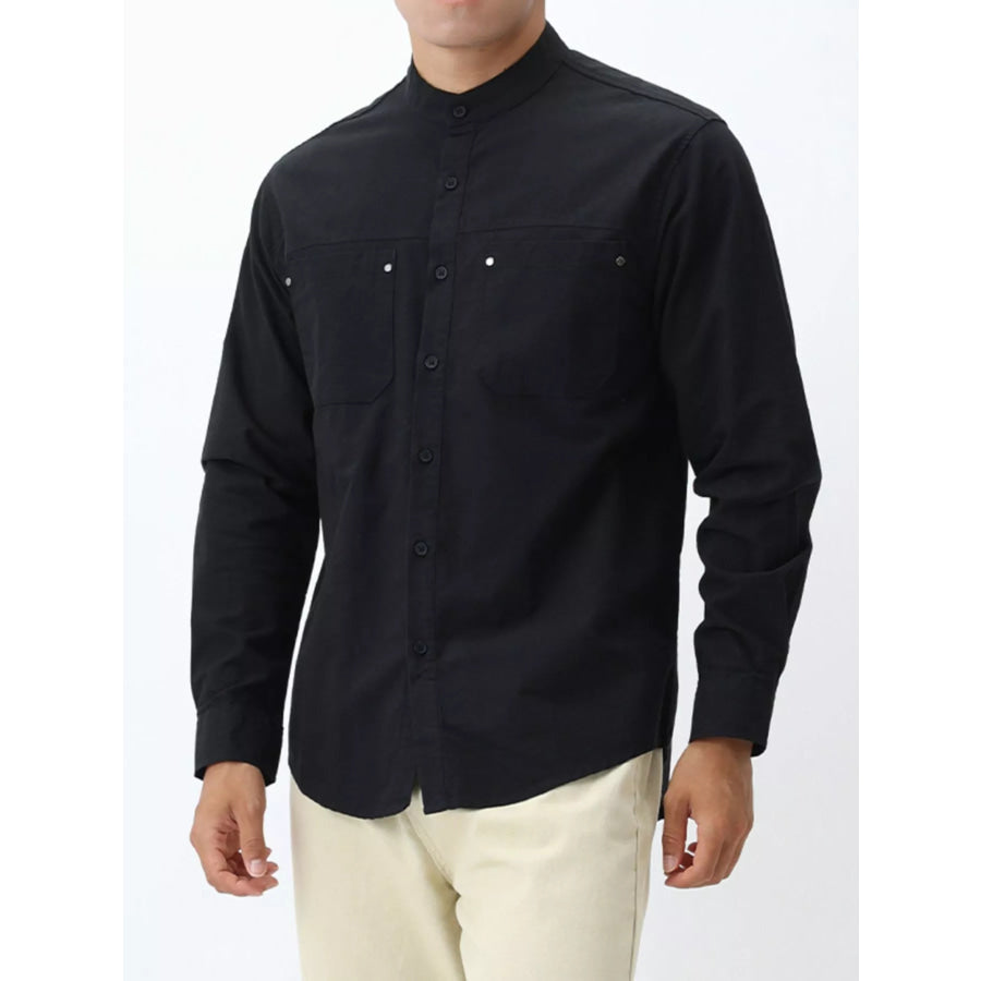 Men’s Plus Size Casual Long Sleeve Shirt with Double Chest Pockets Black / M Apparel and Accessories