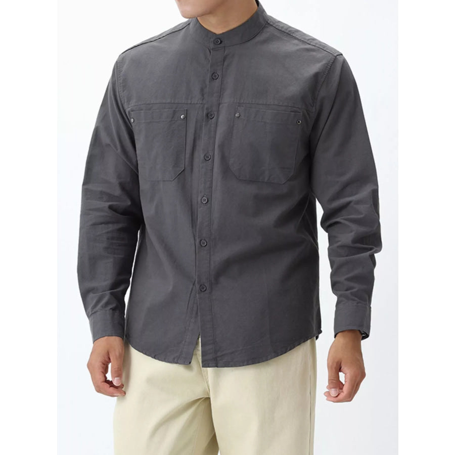 Men’s Plus Size Casual Long Sleeve Shirt with Double Chest Pockets Dark Gray / M Apparel and Accessories