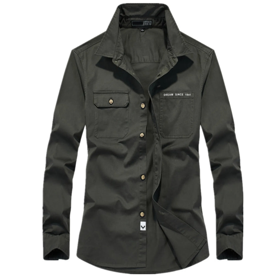 Men’s Plus Size Casual Long Sleeve Shirt with Dual Chest Pockets Army Green / M Apparel and Accessories