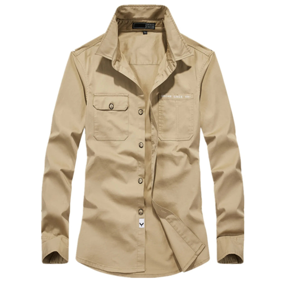 Men’s Plus Size Casual Long Sleeve Shirt with Dual Chest Pockets Khaki / M Apparel and Accessories