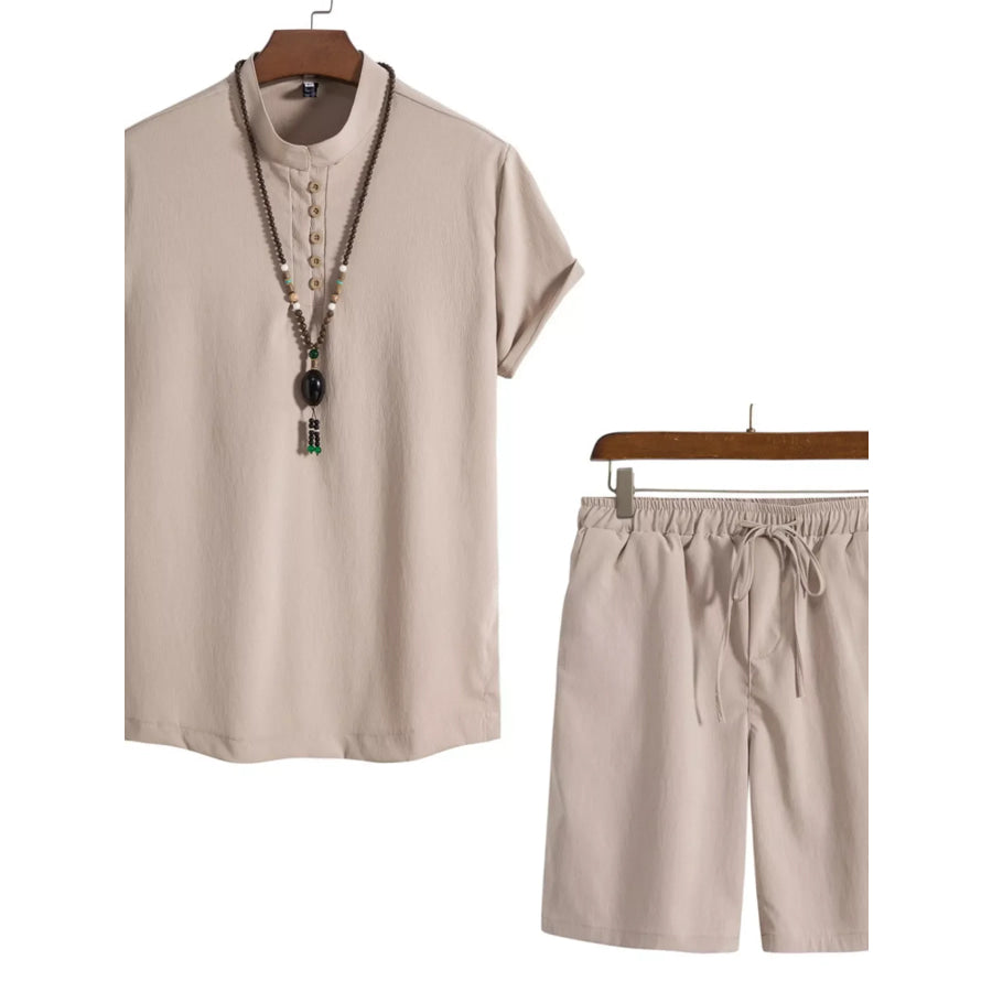 Men’s Plus Size Casual Mandarin Collar Short Sleeve Shirt and Shorts Set Wine Red / M Apparel and Accessories