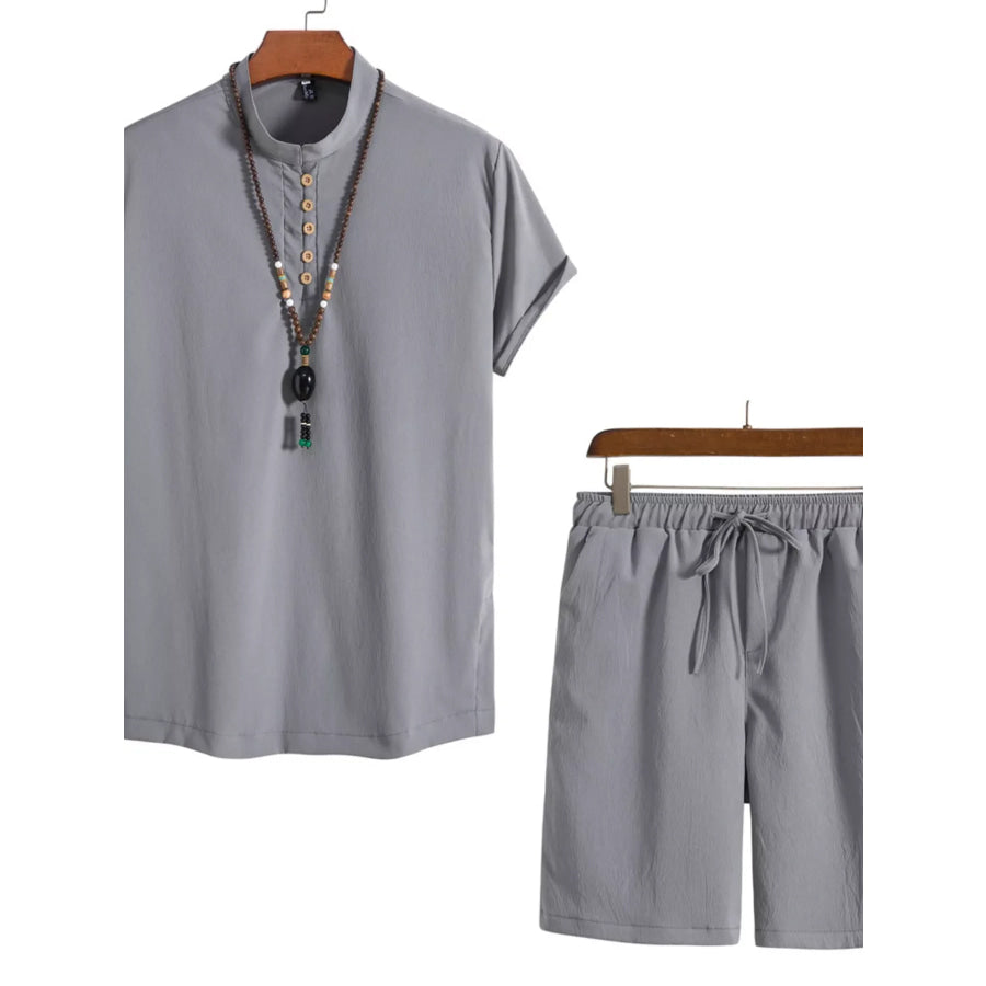 Men’s Plus Size Casual Mandarin Collar Short Sleeve Shirt and Shorts Set Light Gray / M Apparel and Accessories