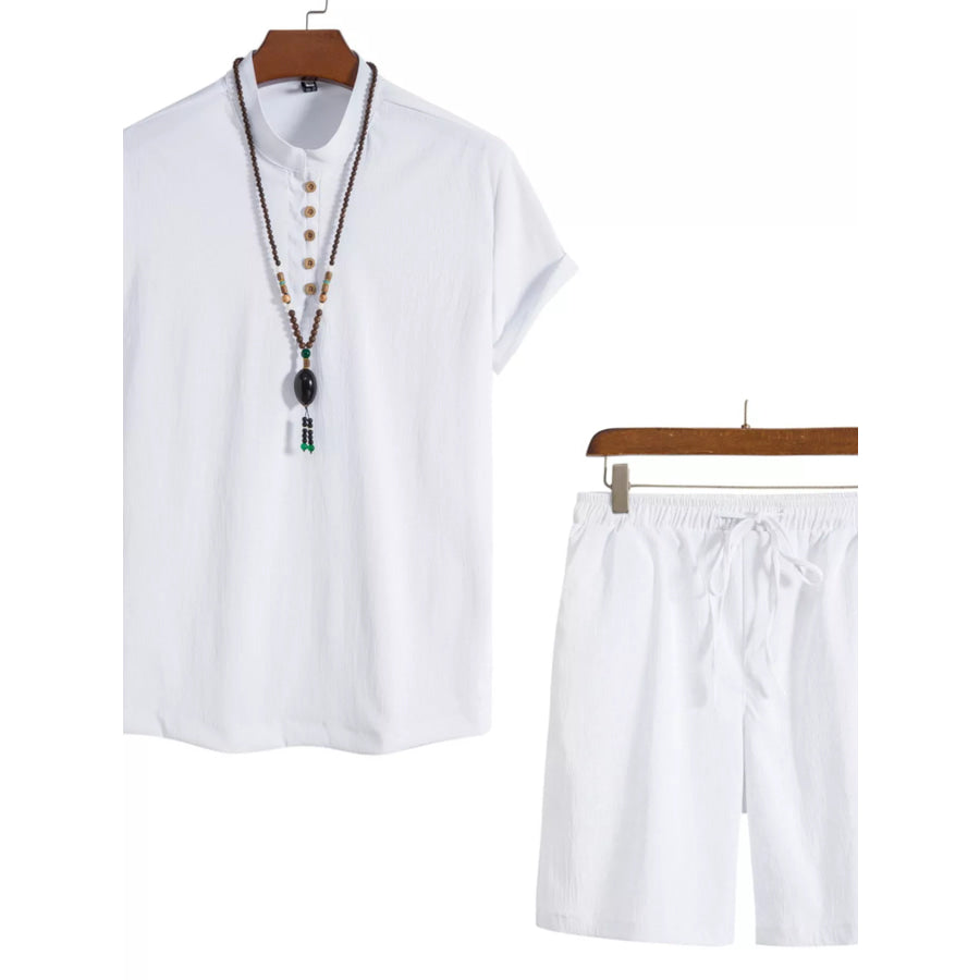 Men’s Plus Size Casual Mandarin Collar Short Sleeve Shirt and Shorts Set White / M Apparel and Accessories