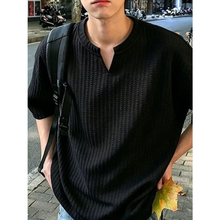 Men’s Plus Size Casual Notched Ribbed T-Shirt Black / M Apparel and Accessories