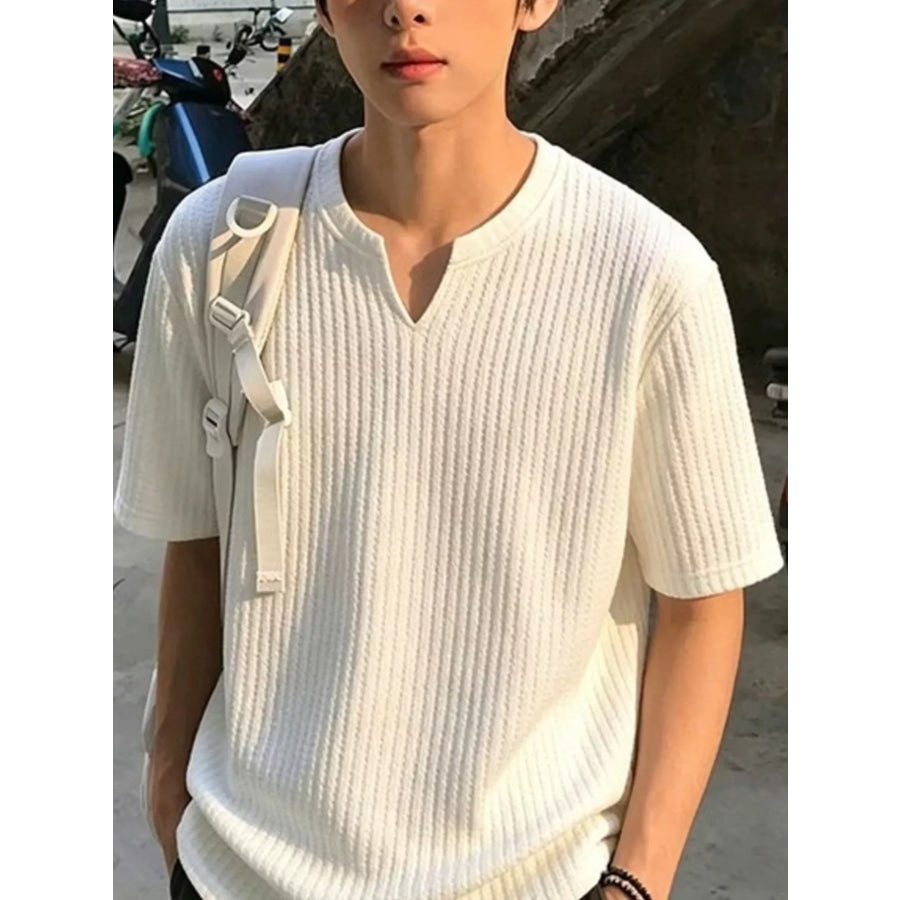 Men’s Plus Size Casual Notched Ribbed T-Shirt White / M Apparel and Accessories