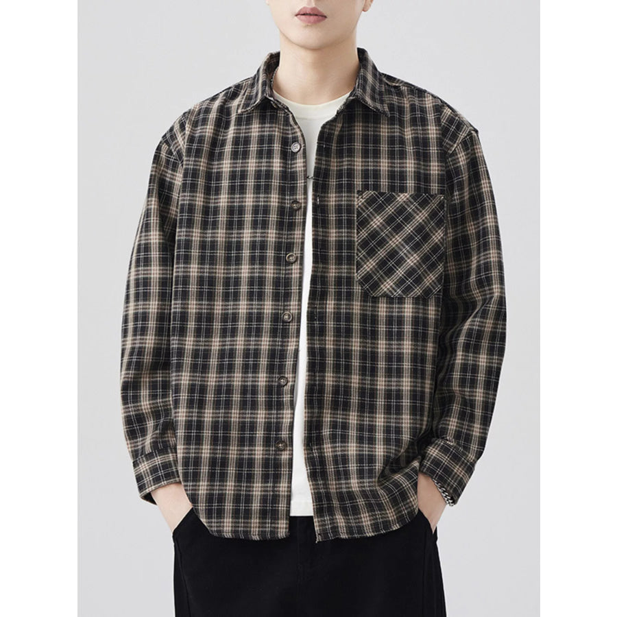Men’s Plus Size Casual Plaid Long Sleeve Shirt Army Green / M Apparel and Accessories