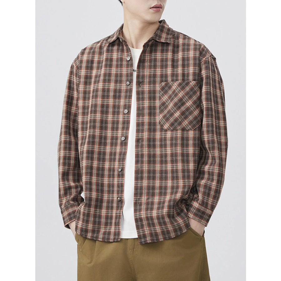 Men’s Plus Size Casual Plaid Long Sleeve Shirt Brown / M Apparel and Accessories