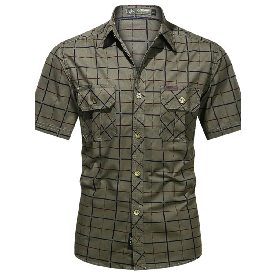 Men’s Plus Size Casual Plaid Short-Sleeve Shirt Army Green / M Apparel and Accessories