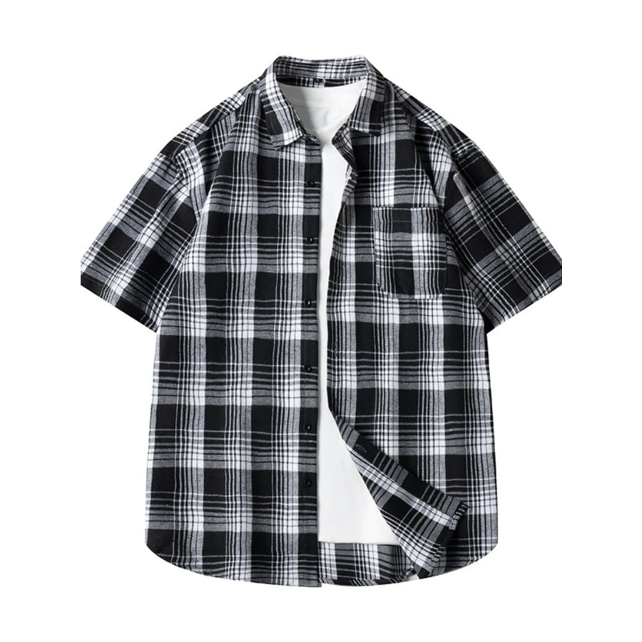 Men’s Plus Size Casual Plaid Short Sleeve Shirt Black / M Apparel and Accessories