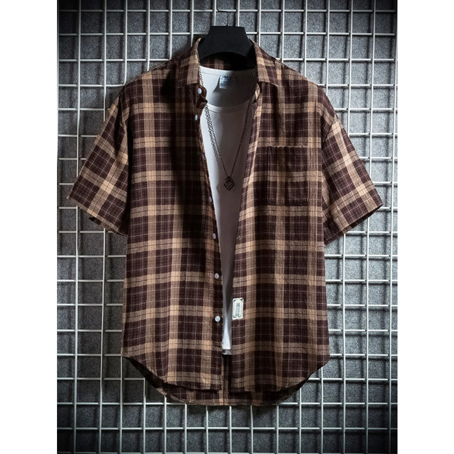 Men’s Plus Size Casual Plaid Short Sleeve Shirt Coffee / M Apparel and Accessories