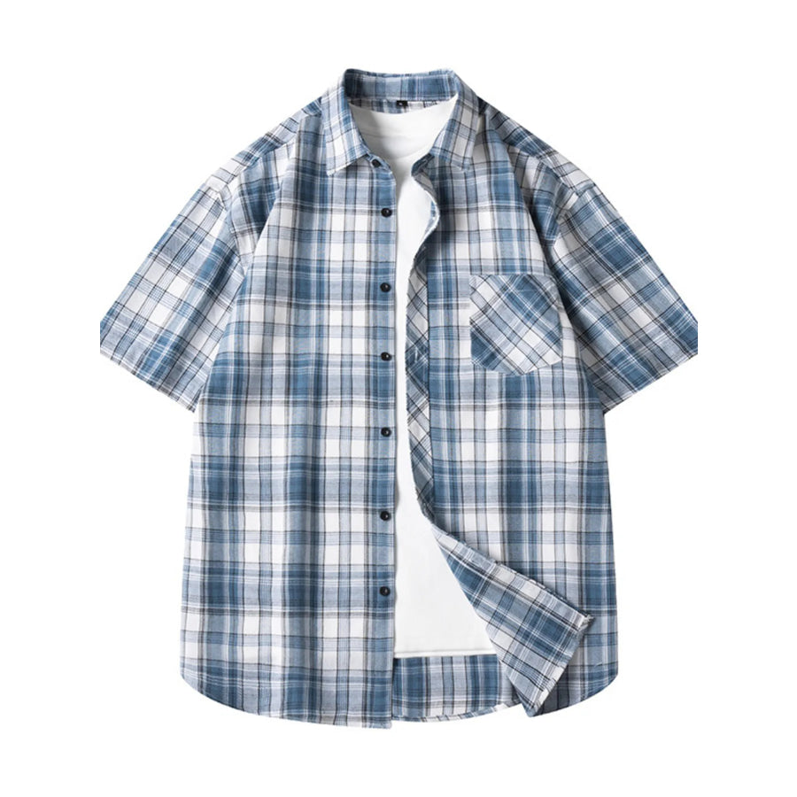 Men’s Plus Size Casual Plaid Short Sleeve Shirt Dark Blue / M Apparel and Accessories