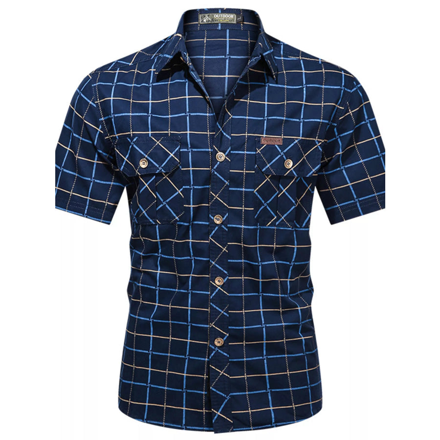 Men’s Plus Size Casual Plaid Short-Sleeve Shirt Dark Navy / M Apparel and Accessories