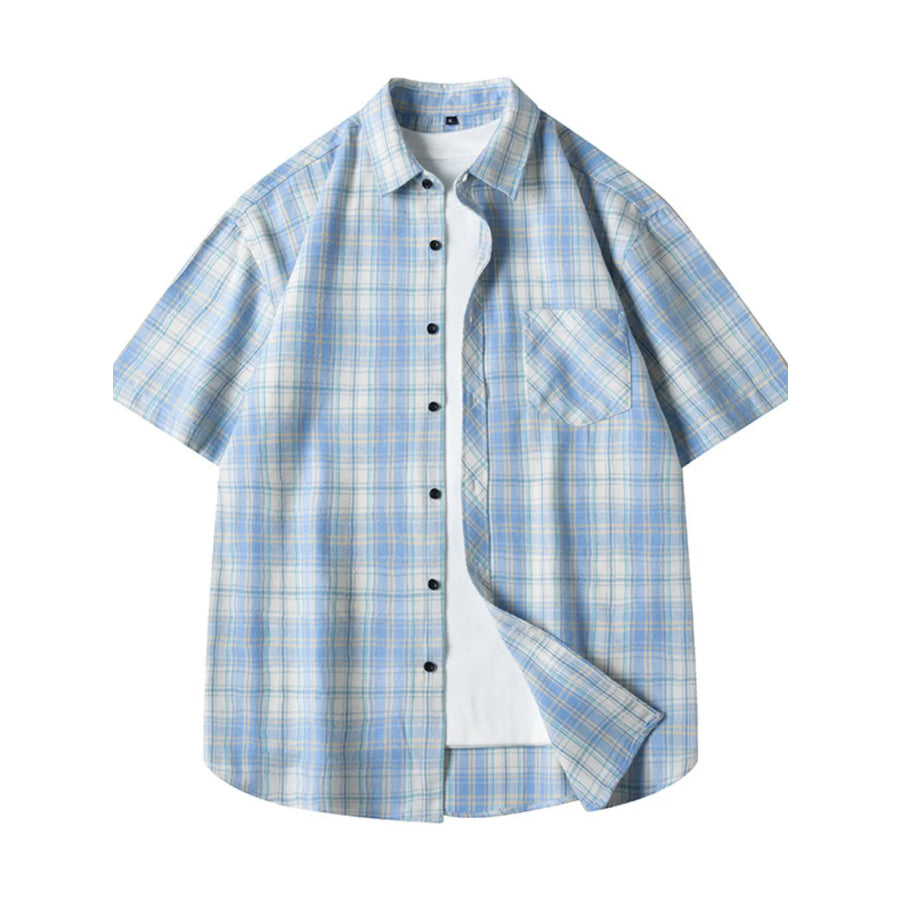 Men’s Plus Size Casual Plaid Short Sleeve Shirt Light Blue / M Apparel and Accessories