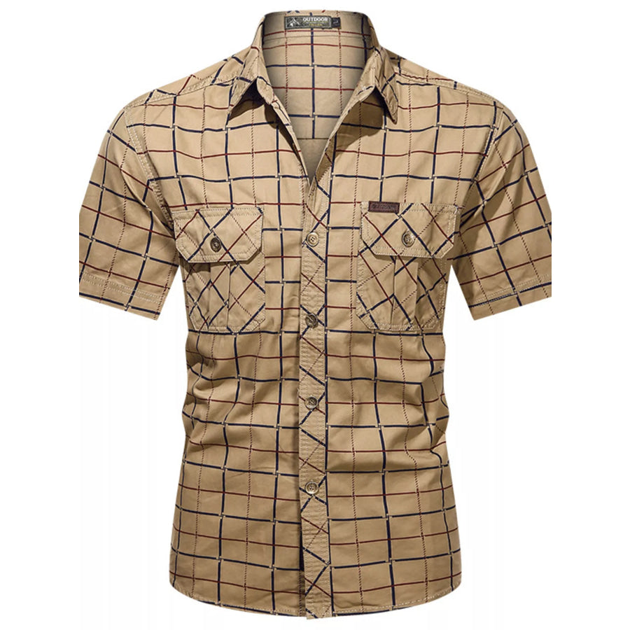 Men’s Plus Size Casual Plaid Short-Sleeve Shirt Tan / M Apparel and Accessories