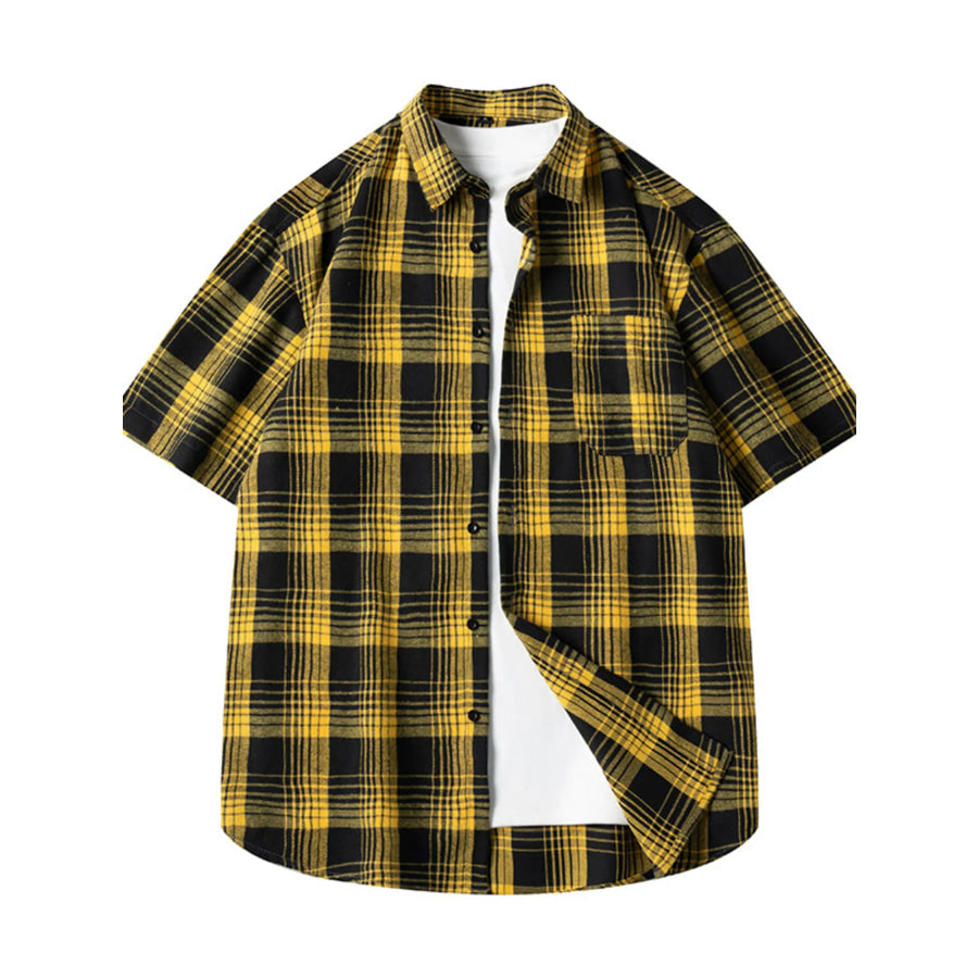 Men’s Plus Size Casual Plaid Short Sleeve Shirt Yellow / M Apparel and Accessories
