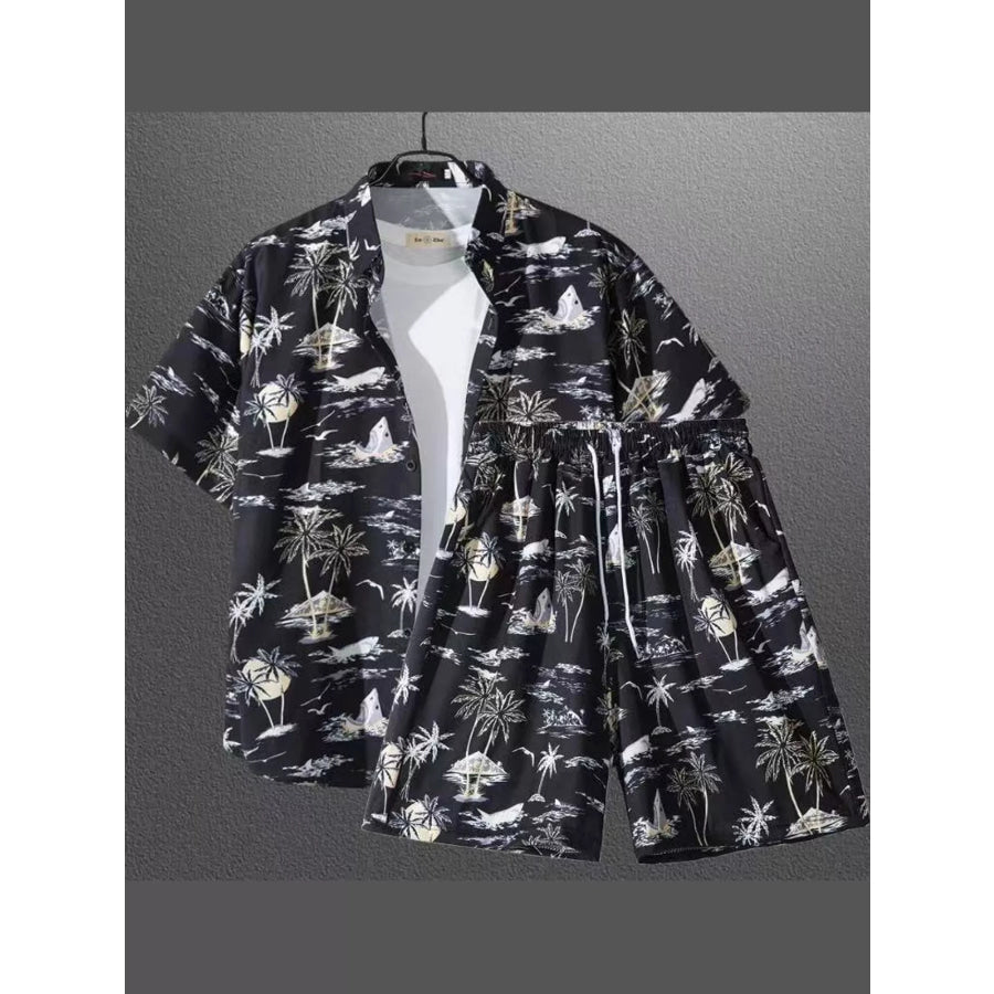 Men’s Plus Size Casual Print Short Sleeve Shirt and Shorts Set Black / M Apparel Accessories