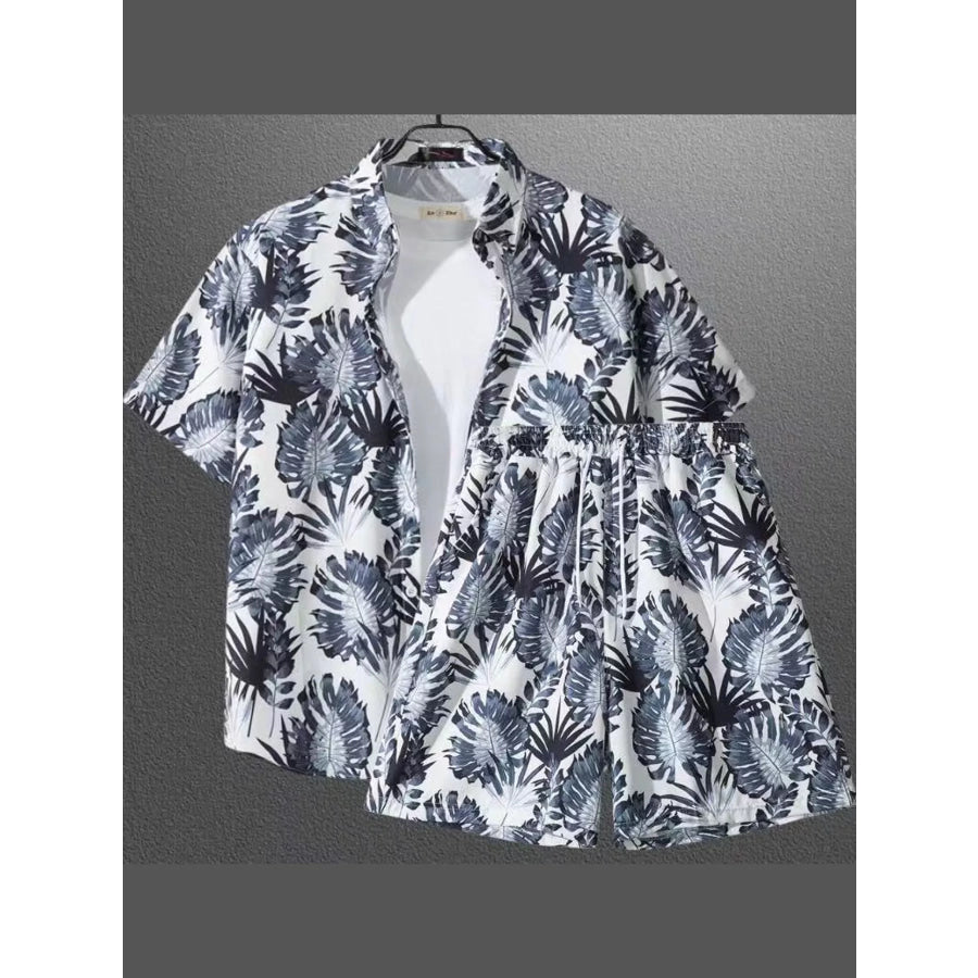 Men’s Plus Size Casual Print Short Sleeve Shirt and Shorts Set Dark Gray / M Apparel Accessories