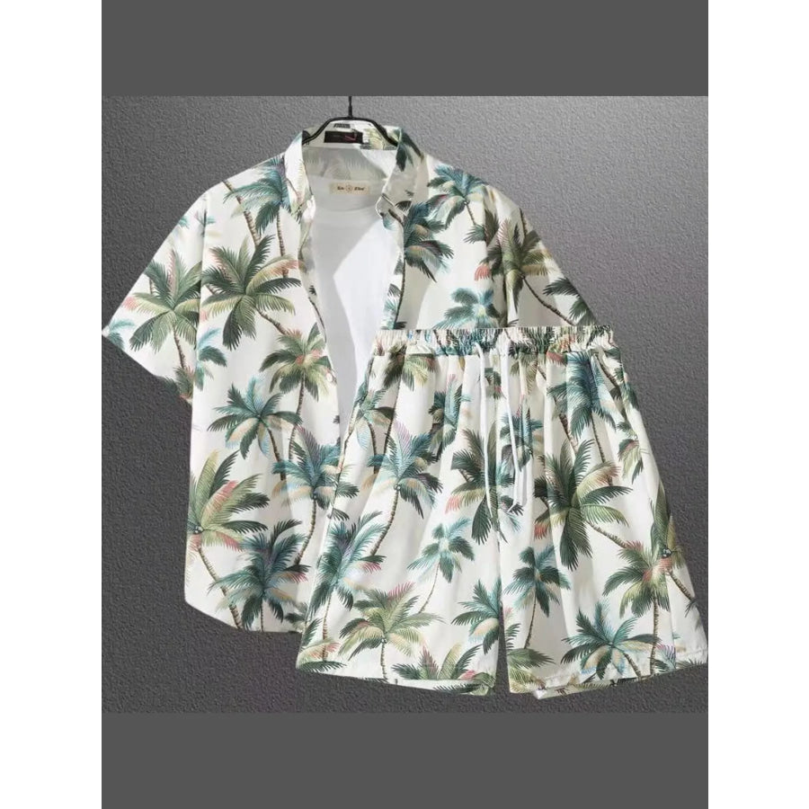 Men’s Plus Size Casual Print Short Sleeve Shirt and Shorts Set Matcha Green / M Apparel Accessories