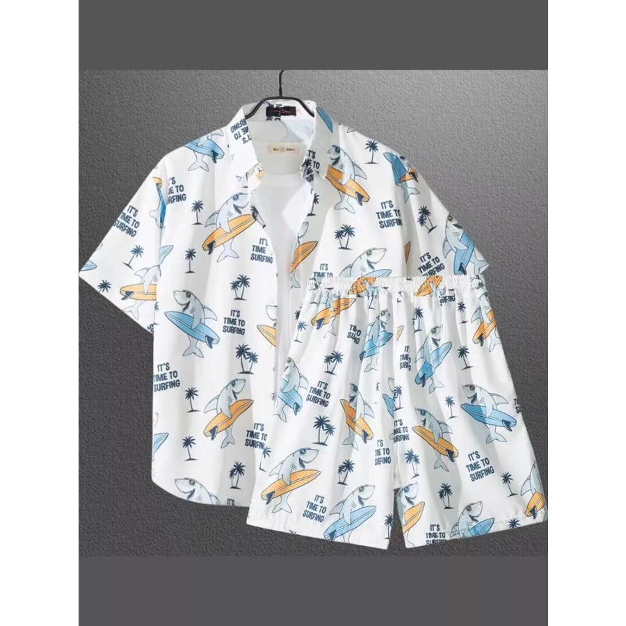Men’s Plus Size Casual Print Short Sleeve Shirt and Shorts Set Pastel Blue / M Apparel Accessories