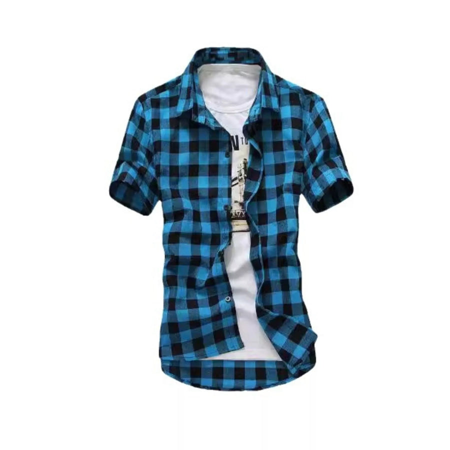 Men’s Plus Size Casual Short Sleeve Plaid Shirt Lake Blue / M Apparel and Accessories