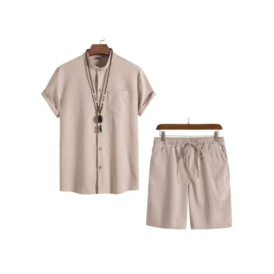 Men’s Plus Size Casual Short Sleeve Shirt and Shorts Set Beige White / M Apparel and Accessories