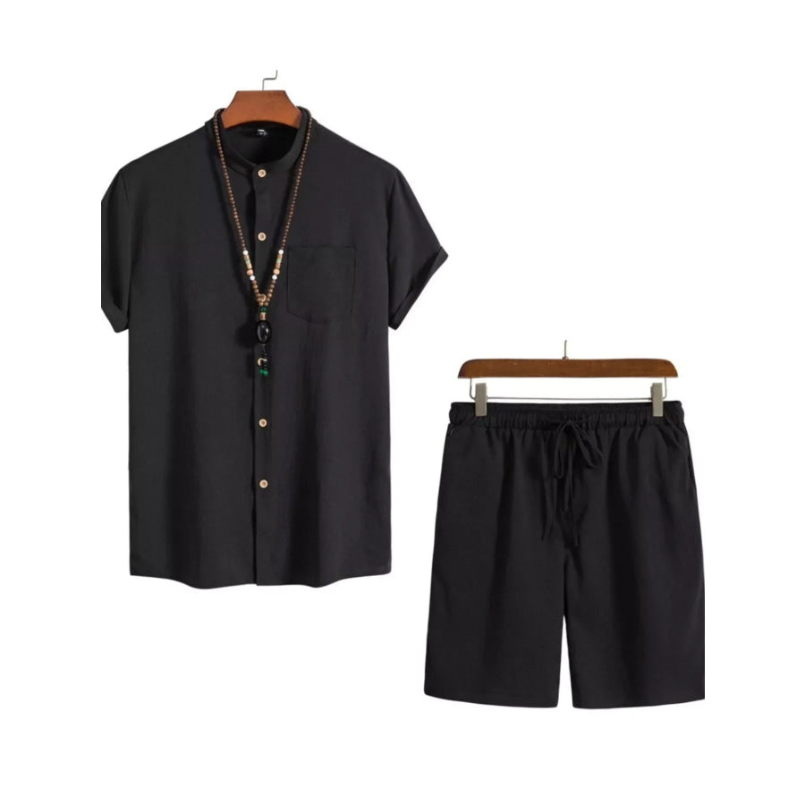 Men’s Plus Size Casual Short Sleeve Shirt and Shorts Set Black / M Apparel and Accessories